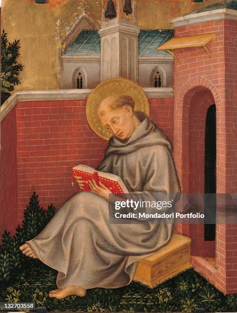 Italy, Lombardy, Milan, Brera Art Gallery. Detail. St Thomas Aquinas habit halo aureole tonsure barefoot book reading philosophy in the background...