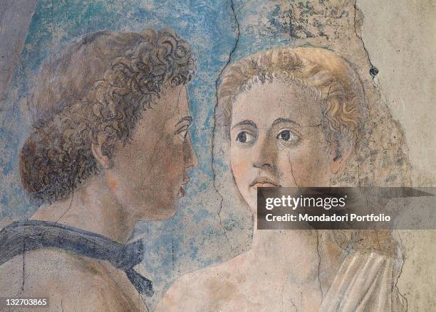 Italy, Tuscany, Arezzo, San Francesco church, Major Chapel. Detail. Faces of the first two figures in the foreground on the left. The Adamites.