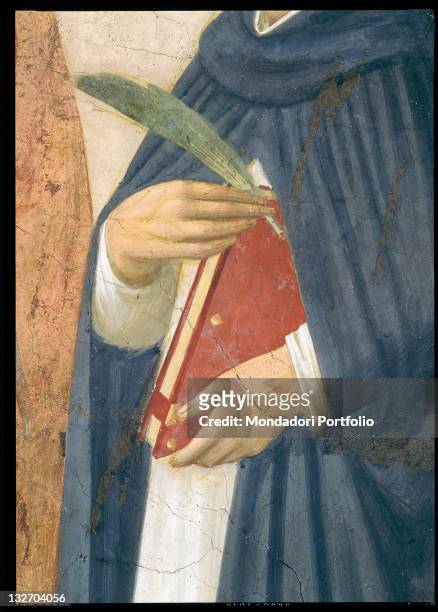 Italy, Tuscany, Florence, San Marco Convent, corridor of the clerics. Detail. Hands of St Peter holding a book and a pen.