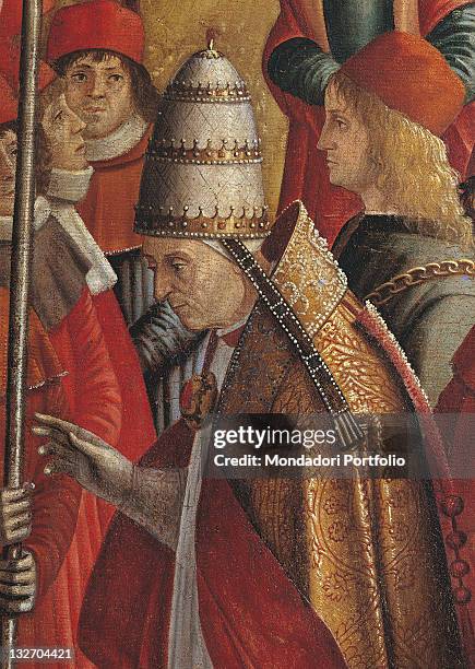 Italy, Veneto, Venice, Accademia Art Galleries, cat. 577. Detail. Pope Cyriacus mantle cloak cope headgear headdress tiara blessing faces men...