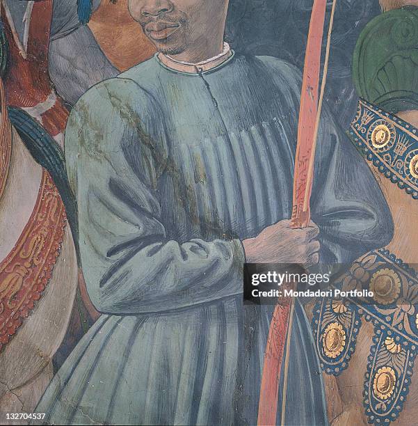 Italy, Tuscany, Florence, Palazzo Medici-Riccardi. Detail. Journey of the Magi, east wall, after restoration. Court of King Caspar. Body of the Moor....