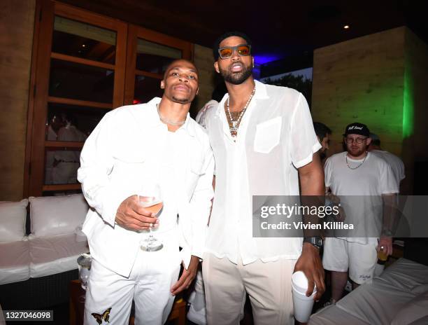 Russell Westbrook and Tristan Thompson attend the 'Red, White and Bootsy' annual July 4th bash, presented by REVOLVE and The h.wood Group on July 04,...