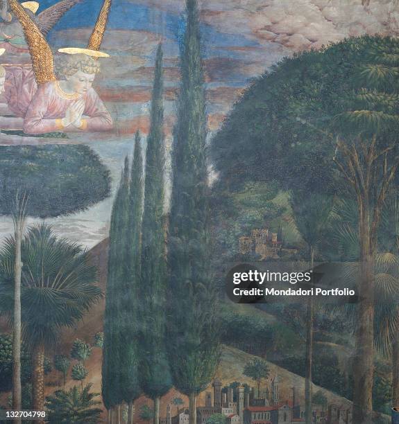 Italy, Tuscany, Florence, Palazzo Medici-Riccardi, Magi Chapel. Detail. Worshipping Angels. Wall left of altar, after restoration. Cypresses centre...