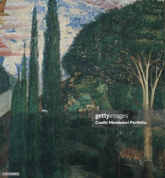 Italy, Tuscany, Florence, Palazzo Medici-Riccardi, Magi Chapel. Detail. Wall west of altar during restoration. Tree on right. Green brown pale-blue...