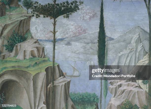 Italy, Tuscany, Florence, Palazzo Medici-Riccardi, Magi Chapel. Detail. Worshipping angels. Wall to right of altar, after restoration. Cypresses and...