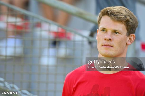 Alexander Nuebel of AS Monaco looks on prior to the Pre-Season Friendly match between FC Red Bull Salzburg and AS Monaco at Maximarkt Sportpark on...