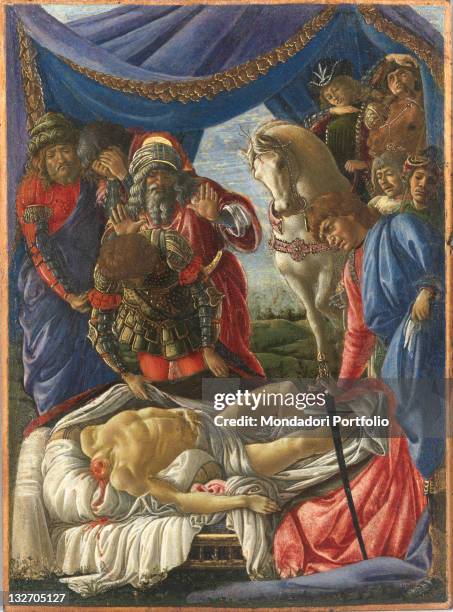 Italy, Tuscany, Florence, Uffizi Gallery. Total dead man behead Holofernes corpse soldiers horse tent armour horror bed drapery naked grass,...