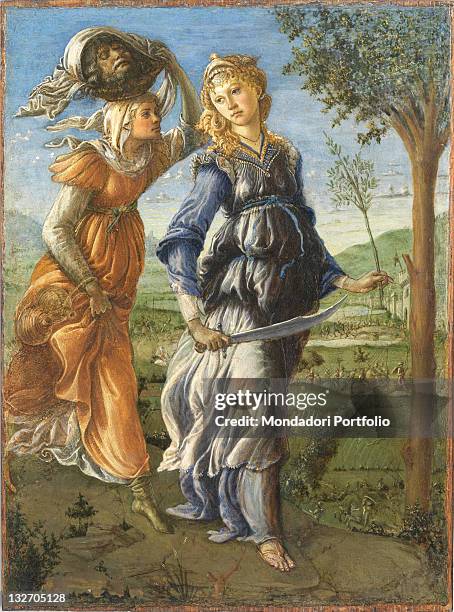 Italy, Tuscany, Florence, Uffizi Gallery. Total young lady Judith heroin drapery sword maid bag head Holofernes orange sky blu landscape,...