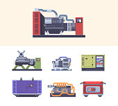 Fuel generator. Steel industrial electric machines energy generation maintenance generators garish vector flat illustrations collection