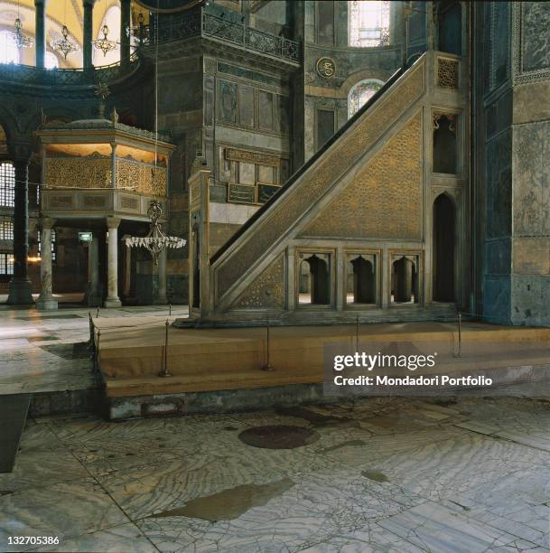 Turkey, Istanbul, Istanbul, Hagia Sofia Basilica. Detail. View of the Minbar from the south nave pulpit marble floor intarsia polychrome marbles...