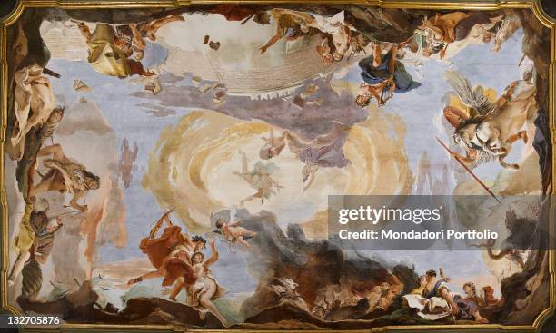 Italy, Veneto, Venice, Palazzo Sandi. Whole artwork view. Minerva and Mercury at the center, Amphion building the walls of Thebes by the music of his...