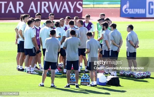 Luis Enrique, Head Coach of Spain talks to his team during the Spain Training Session ahead of the Euro 2020 Semi-Final match between Italy and Spain...