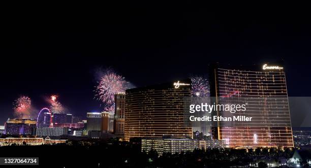 Fireworks by Grucci light up the sky above resorts on the Las Vegas Strip in a Fourth of July celebration on July 4, 2021 in Las Vegas, Nevada. The...