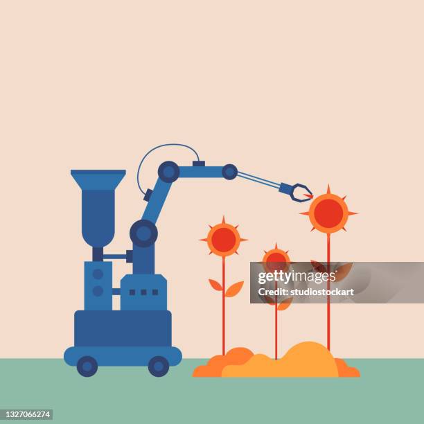 ilustraciones, imágenes clip art, dibujos animados e iconos de stock de agricultura automatizada con robots - planta de procesamiento de comida