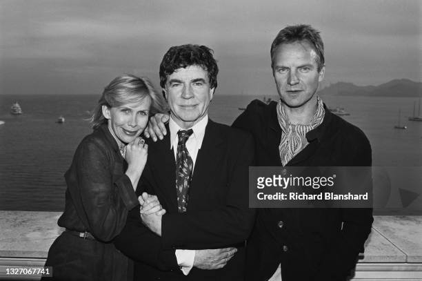 English actress Trudy Styler, English actor Alan Bates , and British singer Sting promoting film 'The Grotesque' at the Cannes Film Festival, May...