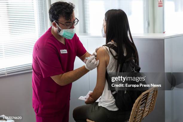 Person receives the Moderna vaccine against Covid-19 in the device launched by Acciona in Madrid, on July 5 in Madrid, . The company Acciona, which...