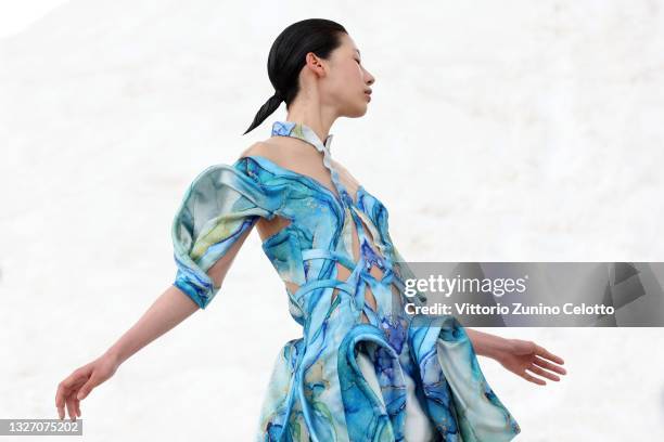 In this image released on July 5th, a model poses during Iris Van Herpen Haute Couture Fall/Winter 2021/2022 collection shooting as part of the Paris...