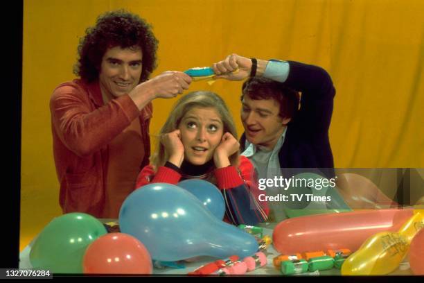Mick Robertson, Jenny Hanley and Douglas Rae, co-hosts of children's programme Magpie, circa 1977.