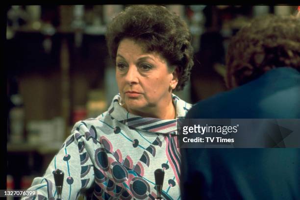 Actress Betty Driver in character as Betty Turpin in television soap Coronation Street, circa 1975.