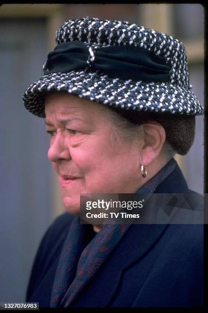 Actress Violet Carson in character as Ena Sharples in television soap Coronation Street, circa 1970.