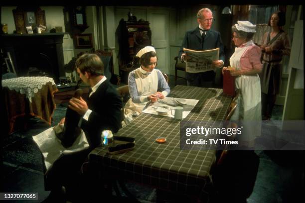 Actors Christopher Beeny, Jacqueline Tong, Gordon Jackson, Angela Baddeley and Jean Marsh in character as Edward, Daisy, Angus, Kate and Rose on the...