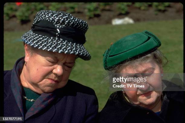 Actresses Violet Carson and Margot Bryant in character as Ena Sharples and Minnie Caldwell in television soap Coronation Street, circa 1970.