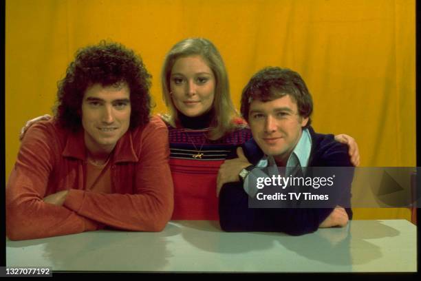 Mick Robertson, Jenny Hanley and Douglas Rae, co-hosts of children's programme Magpie, circa 1977.