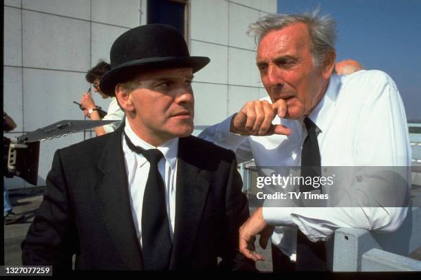 Comic actors Freddie Starr and Eric Sykes in the Sykes-directed silent short comedy Mr. H Is Late, circa 1988.