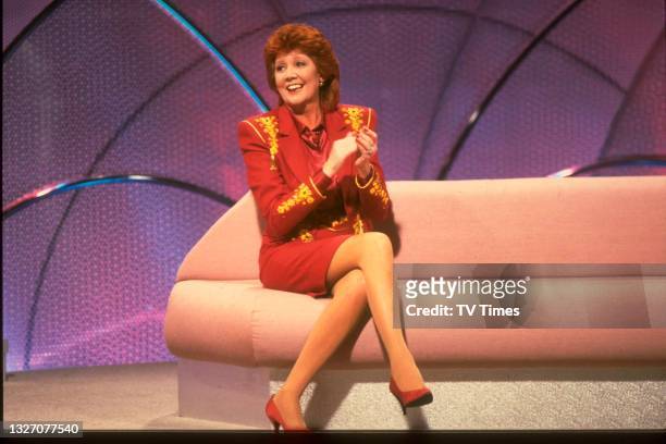 Television presenter Cilla Black on the set of light entertainment series Surprise Surprise, circa 1989.