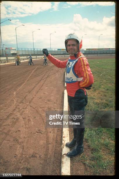 Actor David Jason photographed at a motorcycle speedway race, circa 1978.