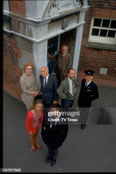 The cast of sitcom Please Sir: Jill Kerman, John Alderton; Joan Sanderson, Noel Howlett, Richard Davies, Deryck Guyler; Erik Chitty. Circa 1971.