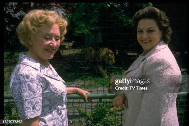 Actresses Betty Driver and Doris Speed in character as Betty Turpin and Annie Walker in television soap Coronation Street, circa 1970.
