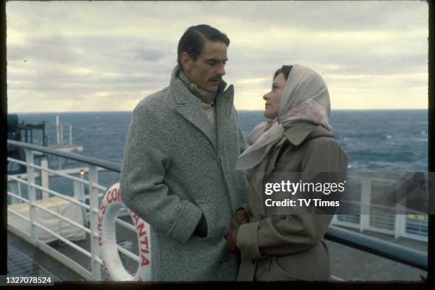 Actors Diana Quick and Jeremy Irons in character as Julia Flyte and Charles Ryder on the set of period drama Brideshead Revisited, circa 1981.