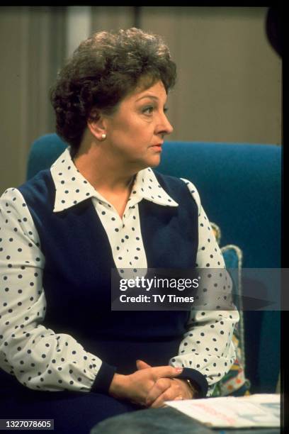 Actress Betty Driver in character as Betty Turpin in television soap Coronation Street, circa 1975.
