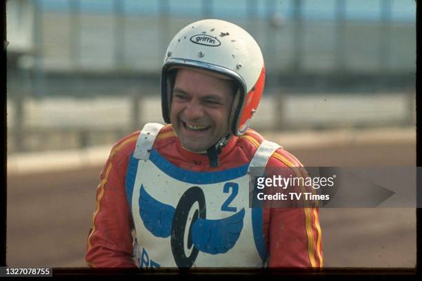 Actor David Jason photographed at a motorcycle speedway race, circa 1978.