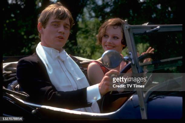 Actors Anthony Andrews and Lesley-Anne Down in character as Robert and Georgina Stockbridge in period drama Upstairs, Downstairs, circa 1976.