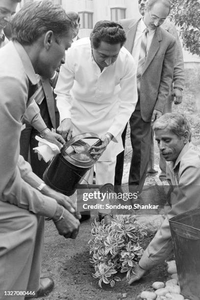 Environment Minister Kamal Nath plants a tree at an exhibition on environmental issues in New Delhi, India on February 02, 1995.