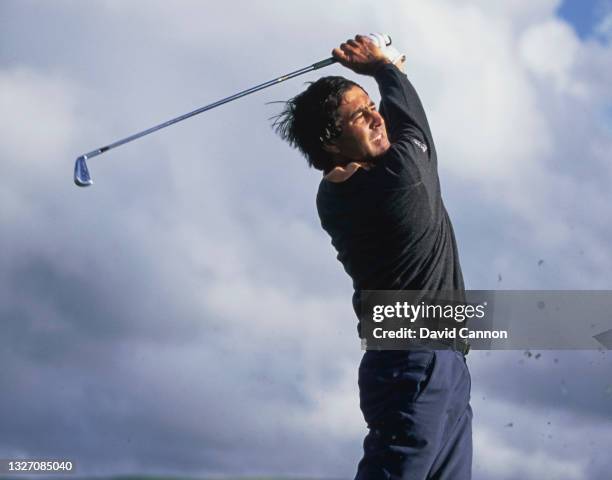 Seve Ballesteros of Spain plays an iron shot off the fairway during the 120th Open Championship golf tournament on 20th July 1991 at the Royal...