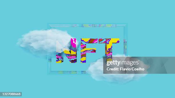 framed nft - non-fungible token - art on light blue background - cloud save stock pictures, royalty-free photos & images