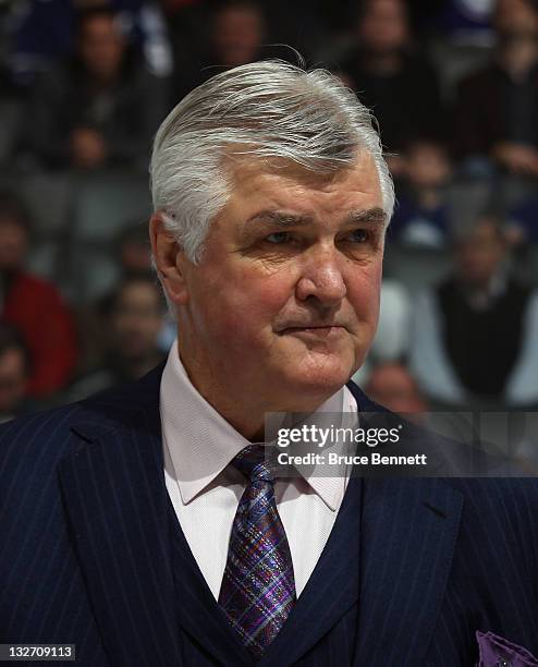 Pat Quinn from the Hockey Hall of Fame takes part in ceremonies prior to the Legends Classic Game at the Air Canada Centre on November 13, 2011 in...