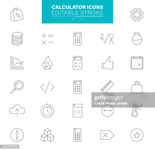 calculator icons editable stroke. set contains icons as money, currency exchange, mathematical, percentage - budget calculator stock illustrations