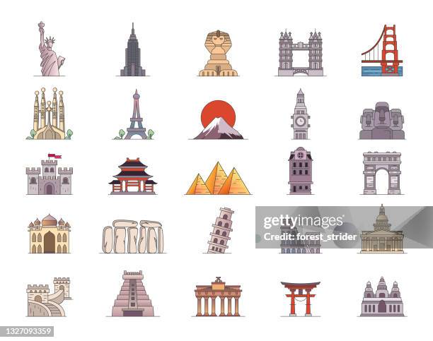 ilustraciones, imágenes clip art, dibujos animados e iconos de stock de iconos de puntos de referencia de viaje editable stoke. el conjunto contiene iconos como monumentos, turismo, edificios históricos, torres, ilustración - arco del triunfo parís