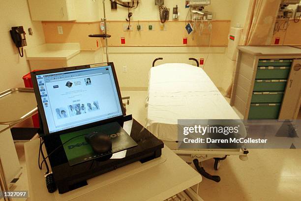 Laptop computer sits in the newly-opened Berenson Emergency Department at Beth Israel Deaconess Medical Center July 16, 2001 in Boston,...