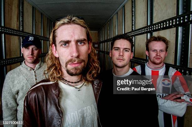 Portrait of Canadian post grunge band Nickelback, left to right Mike Kroeger , Chad Kroeger , Ryan Peake and Ryan Vikedal , Tilburg, Netherlands, 16...