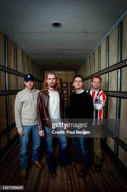 Portrait of Canadian post grunge band Nickelback, left to right Mike Kroeger , Chad Kroeger , Ryan Peake and Ryan Vikedal , Tilburg, Netherlands, 16...