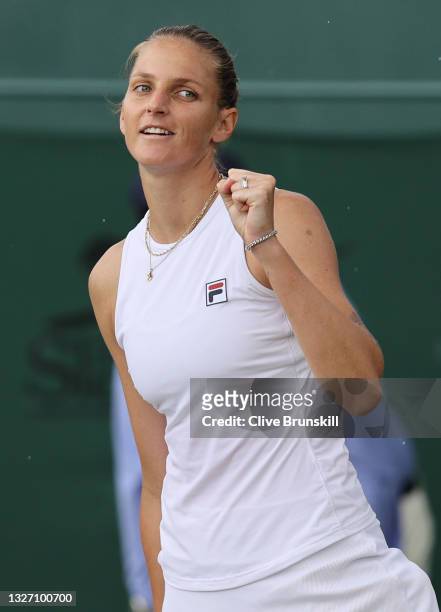 Karolina Pliskova of The Czech Republic celebrates match point in her Ladies' Singles Fourth Round match against Ludmilla Samsonova of Russia during...