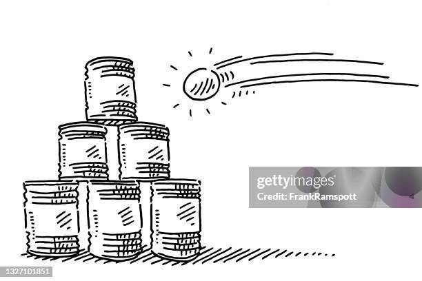 throwing a ball at stack of cans drawing - stack of cans clip art stock illustrations