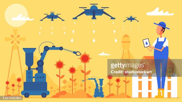 automatisierte landwirtschaft mit robotern - ipad industrie stock-grafiken, -clipart, -cartoons und -symbole