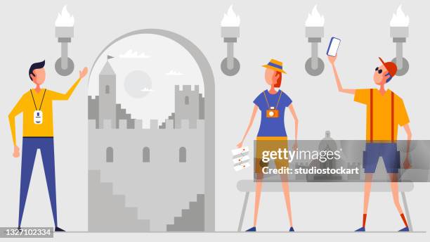 historic castle and tourists - museum guide stock illustrations