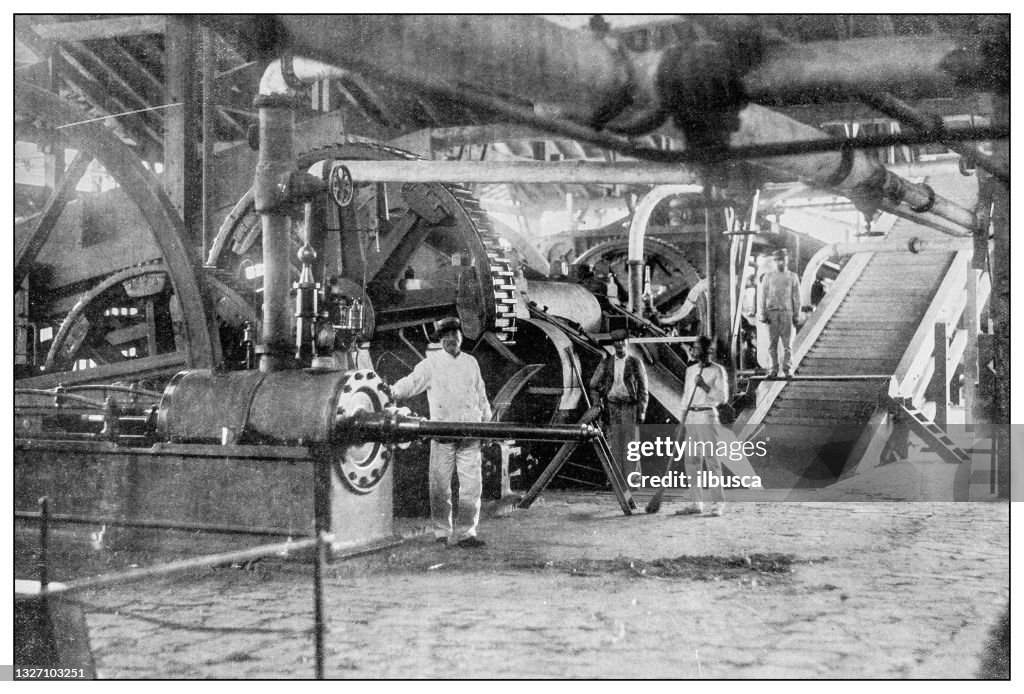 Antique black and white photograph: Cane threshers in sugar mill, Puerto Rico